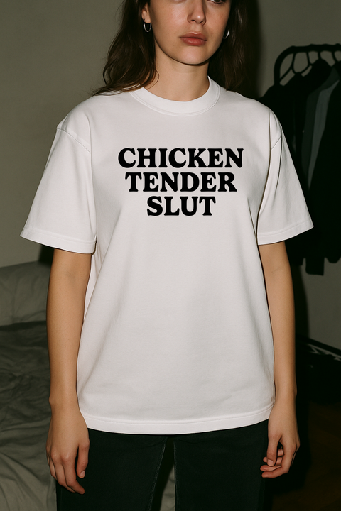 Chicken Tender Slut Tee - White — production artwork on Dead Set library mockup