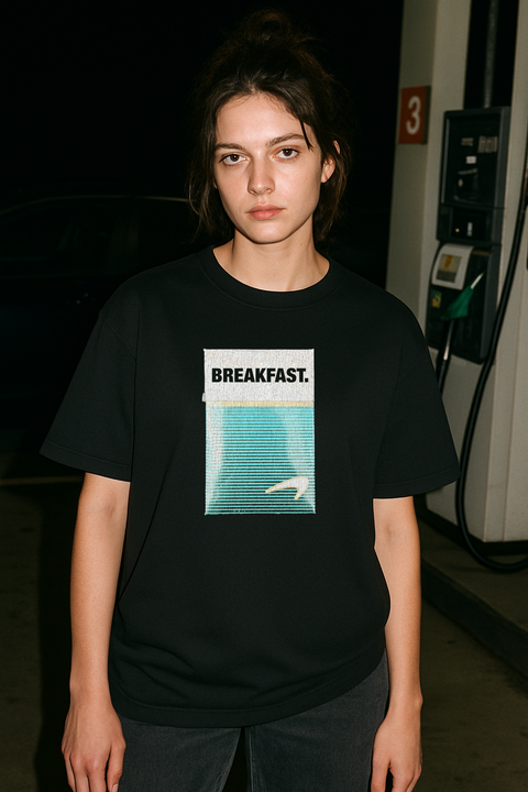 Newport Breakfast Tee - Black — production artwork on Dead Set library mockup