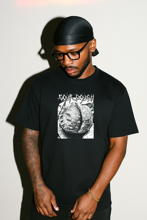 SOUR DOUGH HARDCORE BLACK T-SHIRT — production artwork on Dead Set library mockup