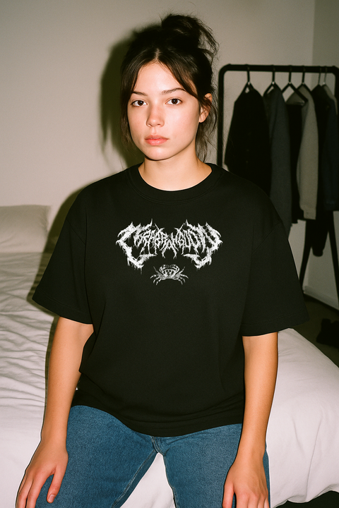 Crab Rangoon Grindcore Black Tee — production artwork on Dead Set library mockup