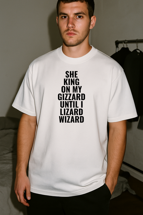 She King On My Gizzard White Tee — production artwork on Dead Set library mockup