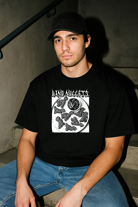 Dino Nuggets Death Metal Black Tee — production artwork on Dead Set library mockup