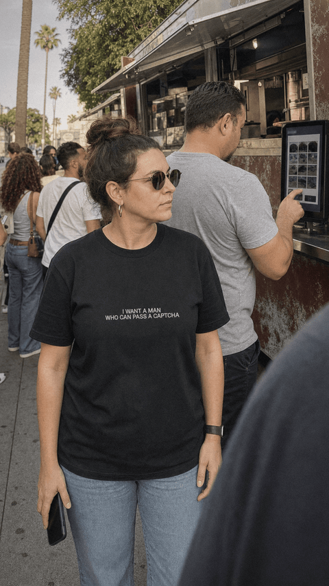 I WANT A MAN WHO CAN PASS A CAPTCHA Black Tee
